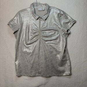 Chico's Zenergy Golf Gold Foil Short Sleeve Top Golf Shirt Ruched Half Zip Sz 3